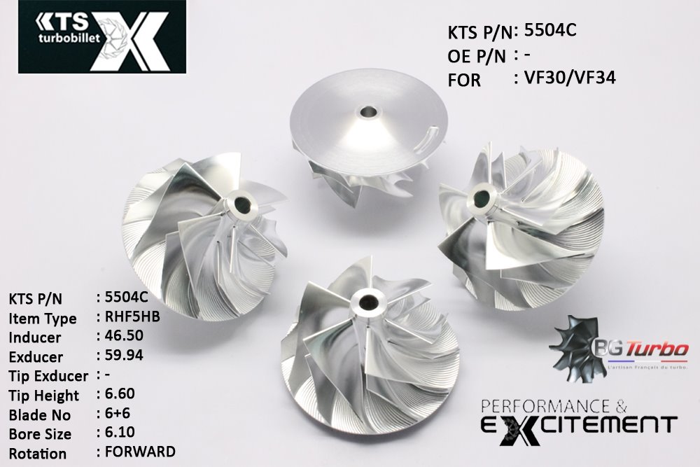 Turbo ROUE FORGÉE MFS PERFORMANCE - 6+6 PALES - INDUCER : 46,5 - EXDUCER : 59,94 - TYPE : RHF5HBANGLE : 45° - ROTATION : Forward - SUPER BACK : 3,71 - BORE SIZE : 6,1
